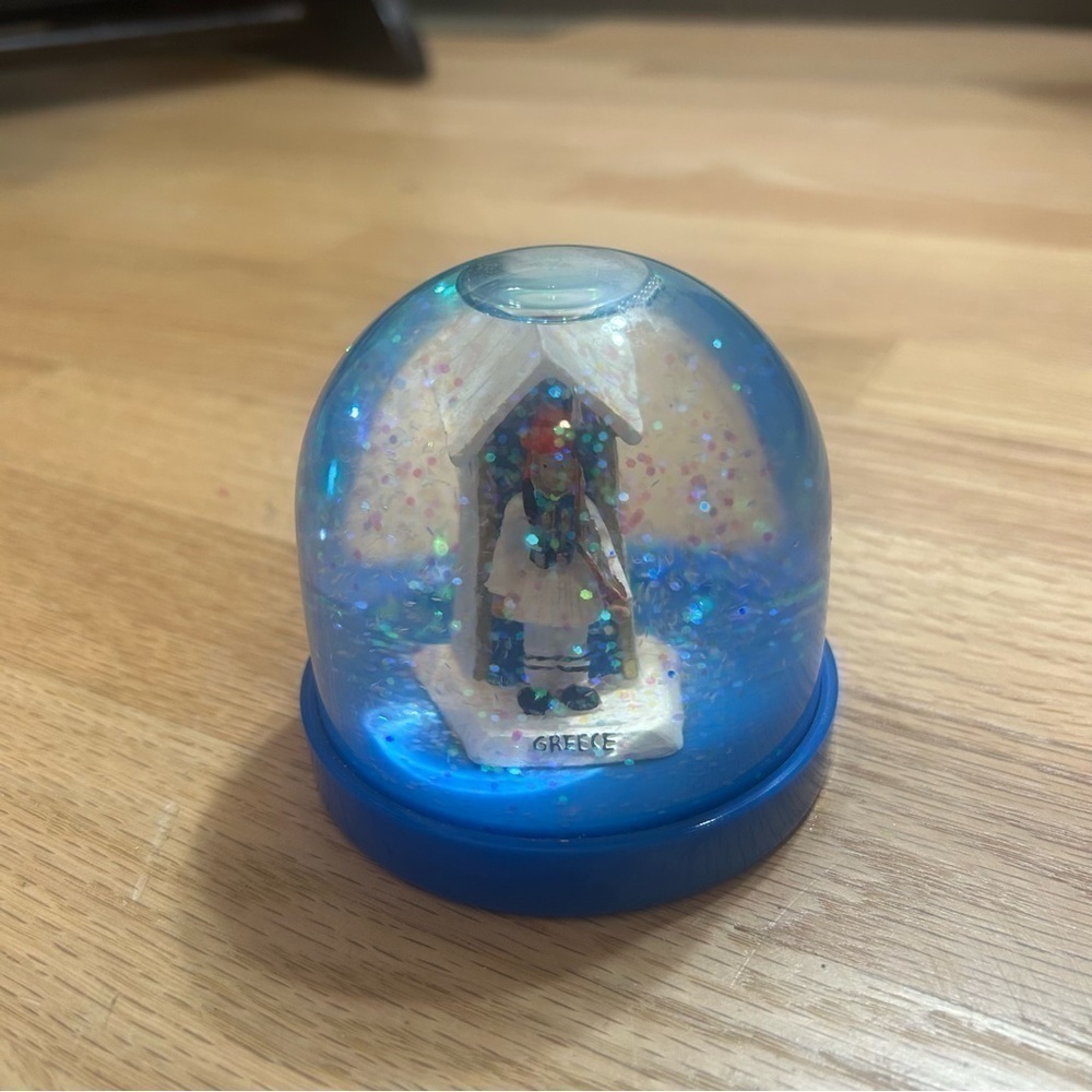 Vintage Greece Plastic Snow Globe Christmas Decor Blue White - Picture 2 of 6